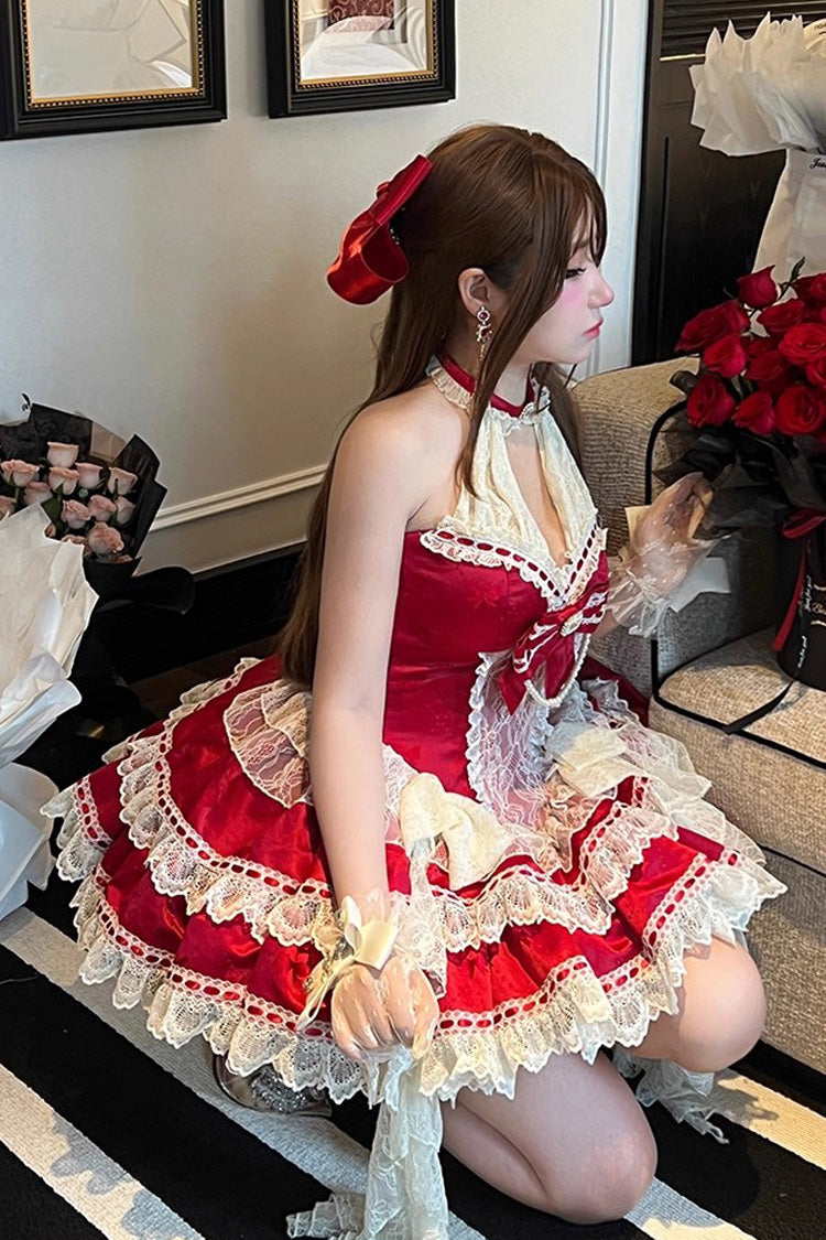 Red Beloved Young Lady Halterneck Sleeveless Double-Layered Ruffle Bowknot Lace Elegant Sweet Lolita Dress