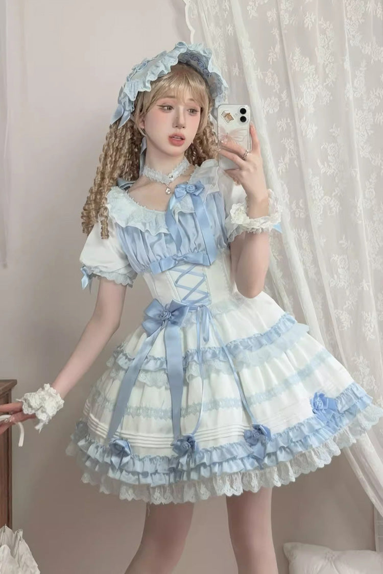 White/Blue Layered Sea Salt Ice Short Sleeves Ruffle Bowknot Lace Sweet Lolita Dress