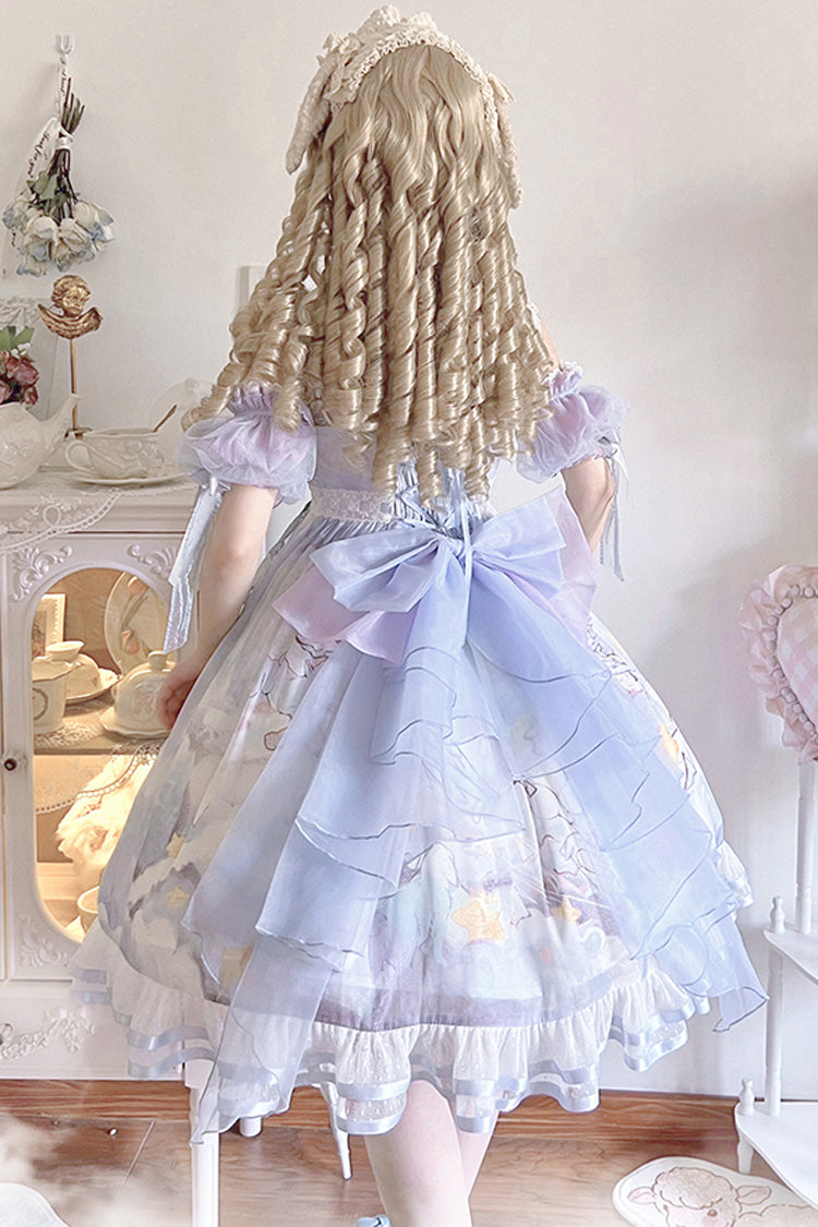 Blue Walking In The Clouds Print Ruffle Bowknot Lace Sweet Lolita Jsk Dress Full Set