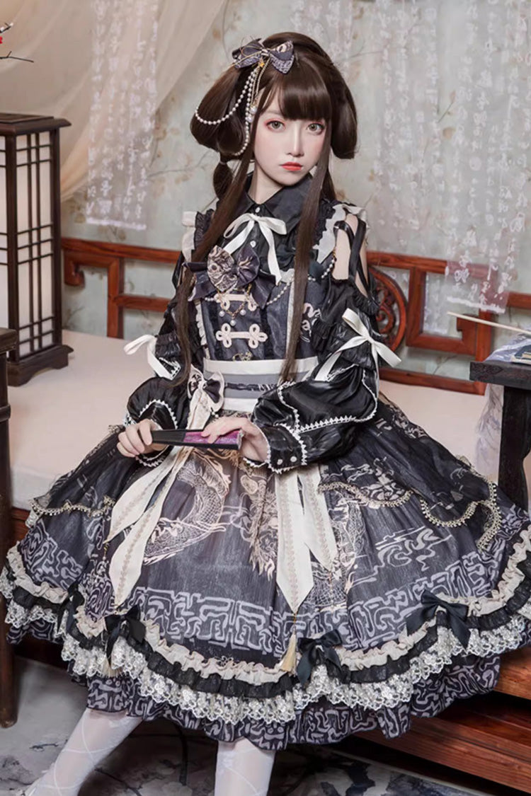 Black Yuelong Poetry Print Ruffle Lace Sweet Chinese Style Lolita Jsk Dress
