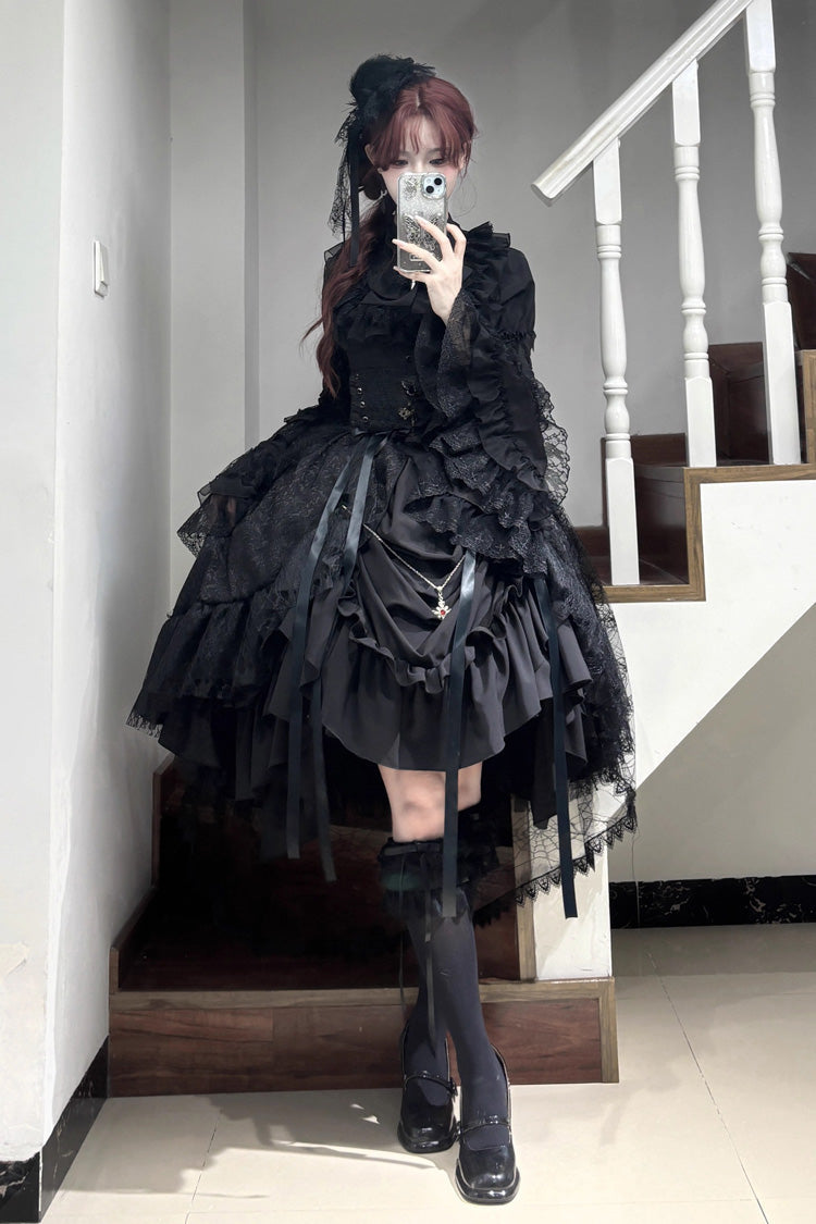 Black Eternal Taboo Long Hime Sleeves Ruffled Bow Gothic Lolita Skirt Dress Set