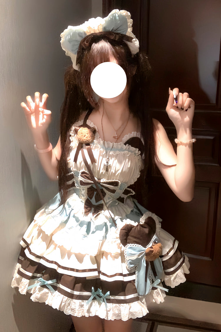 Green/Chocolate First Love Bear Multi-Layered Ruffle Bowknot Lace Sweet Lolita Jsk Dress