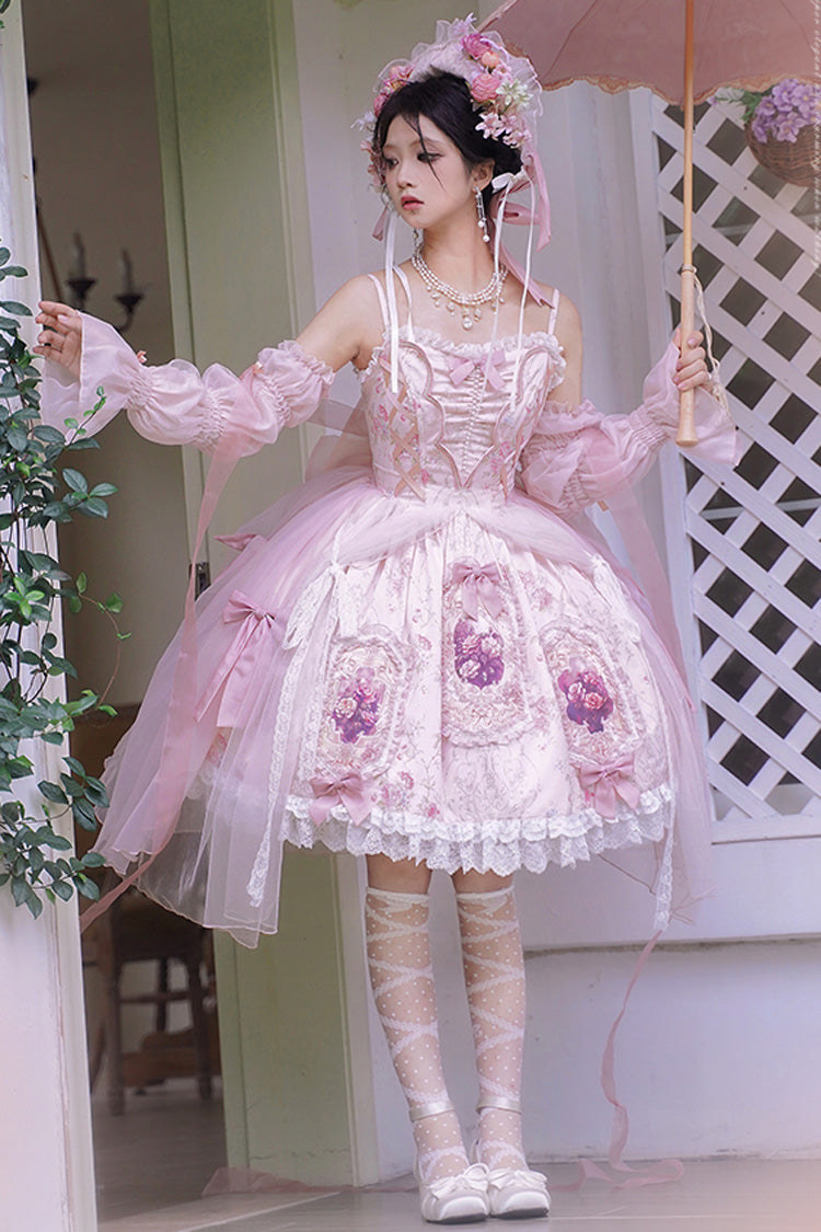 Pink Rose Window Print Ruffle Bowknot Lace Sweet Elegant Princess Lolita Jsk Dress