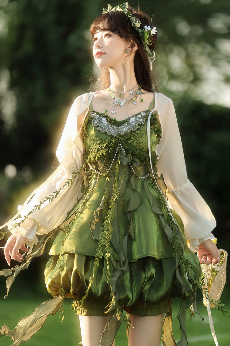 Green Children of the Forest Leaf Decoration Ruffle Irregular Sweet Lolita Jsk Dress Set