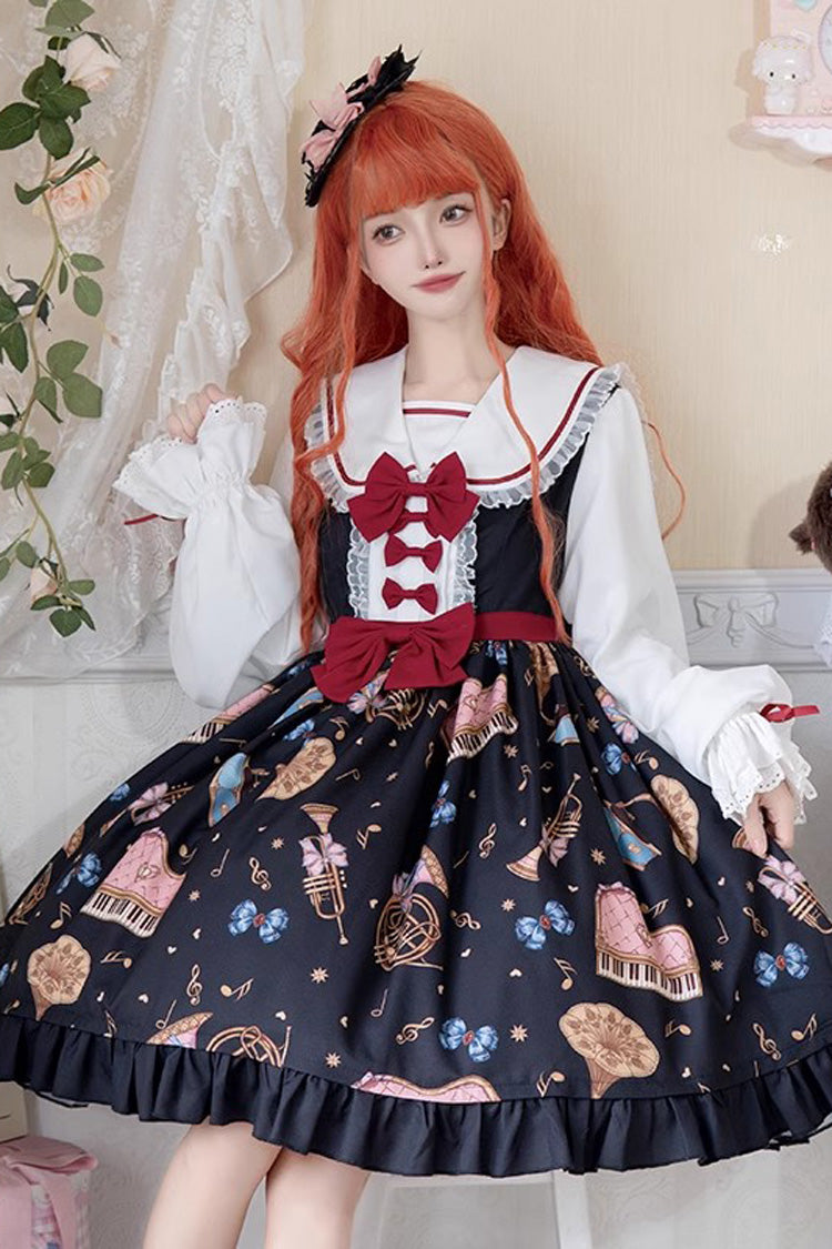 Bear Band Long Sleeves Print Ruffle Bowknot Lace Sweet Elegant Princess Lolita Dress 3 Colors