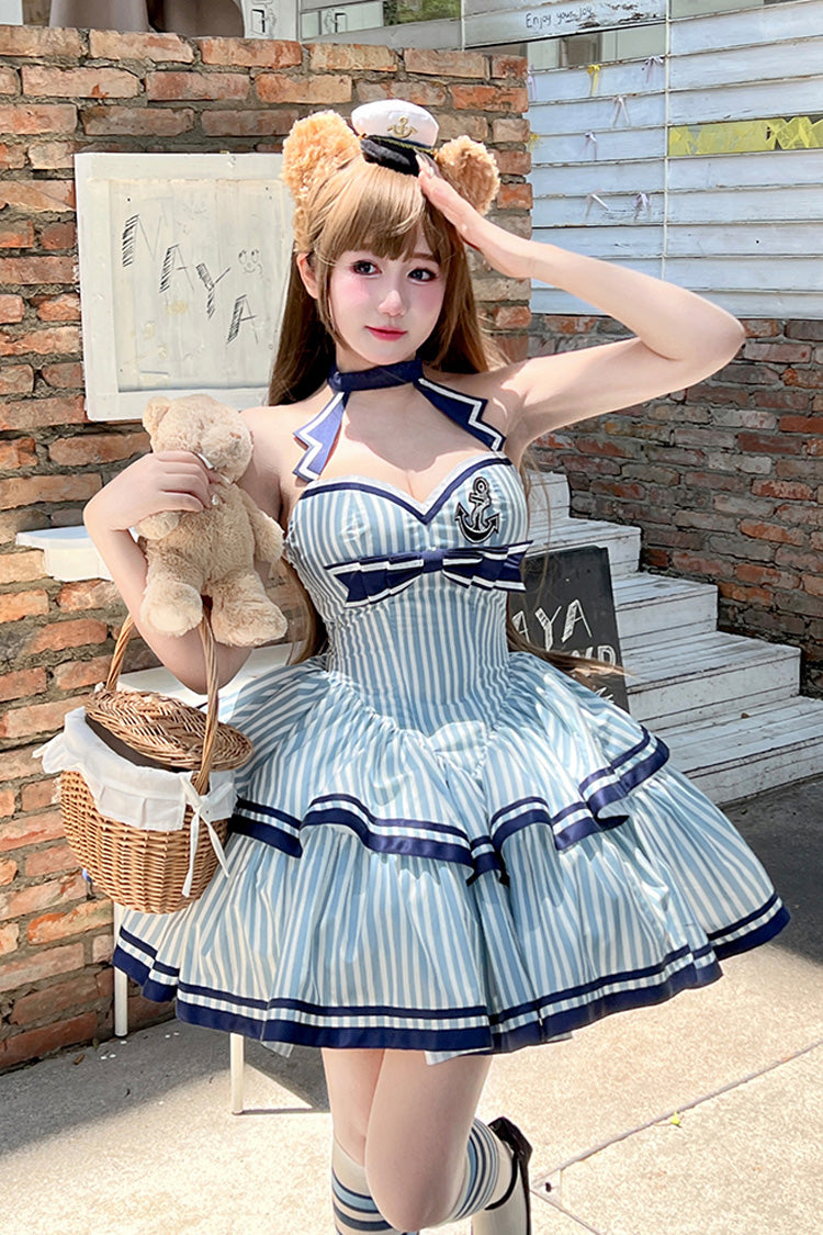 Blue Sailing Sweetheart Double-Layered Vertical Stripes Print Ruffle Bowknot Sweet Lolita Dress