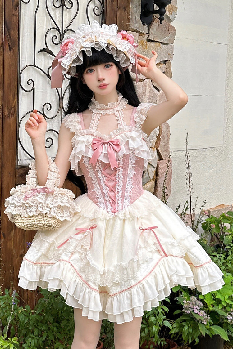 White/Pink Secret Garden Multi-layer Ruffle Bowknot Lace-Up Sweet Princess Lolita Jsk Dress