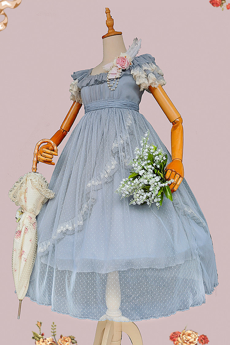 Sax Blue Moon goddess *Mediana* Polka Dot Print Ruffle Bowknot Asymmetric Sweet Elegant Lolita Dress