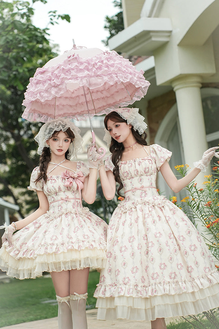 Ivory Rose After The Rain Short Sleeves Triple-Layered Print Ruffle Bowknot Lace-Up Sweet Lolita Long Dress