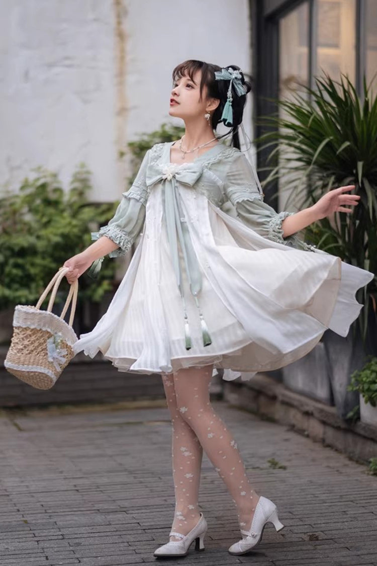 White/Green Half Sleeves Ruffled Bow Sweet Chinese Style Lolita Hanfu Dress