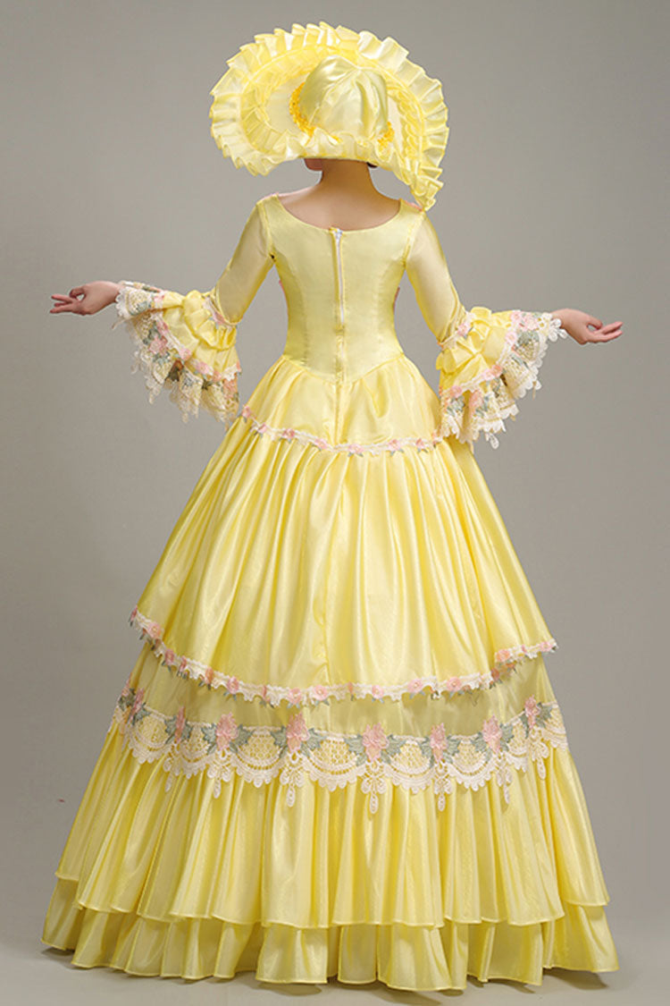 Yellow Hime Sleeves High Waisted Lace Stitching Hollow Floral Print Ruffled Multi-Layer Victorian Lolita Prom Tiered Dress