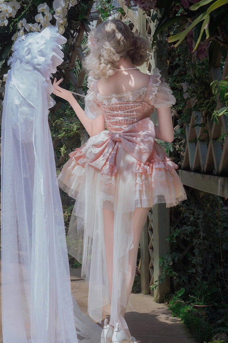 Pink Fleeting Light and Shallow Dream Sleeveless Multi-Layered Ruffle Bowknot Lace Slim Sweet Ballet Lolita Jsk Dress