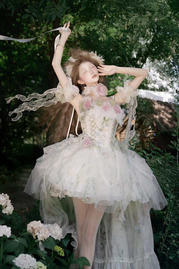 Green Spring Rose Sleeveless Multi-Layered Bowknot Lace-Up Fishbone Sweet Lolita Jsk Dress