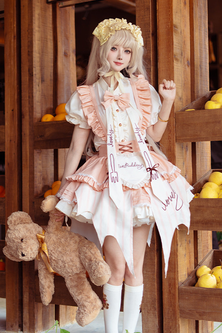 Fruit Pudding Vertical Lines Print Bowknot Irregular Sweet Lolita Dress 2 Colors
