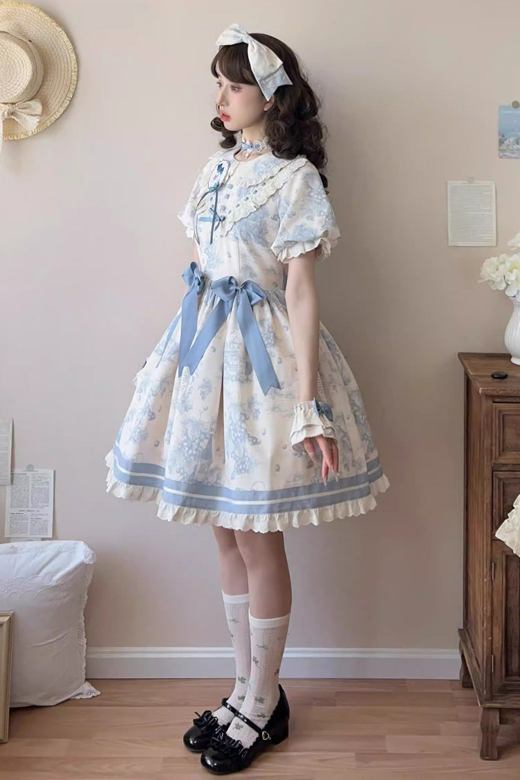 Blue Grape Moon Almanac Short Sleeves Multi-Layered Printed Ruffled Bow Sweet Lolita Dress