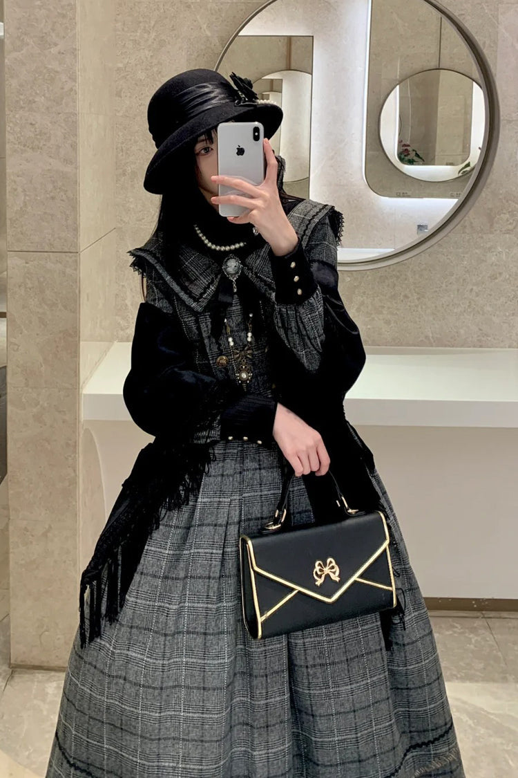Grey Fontainebleau Long Sleeves Plaid Print Bowknot Elegant Sweet Lolita Dress