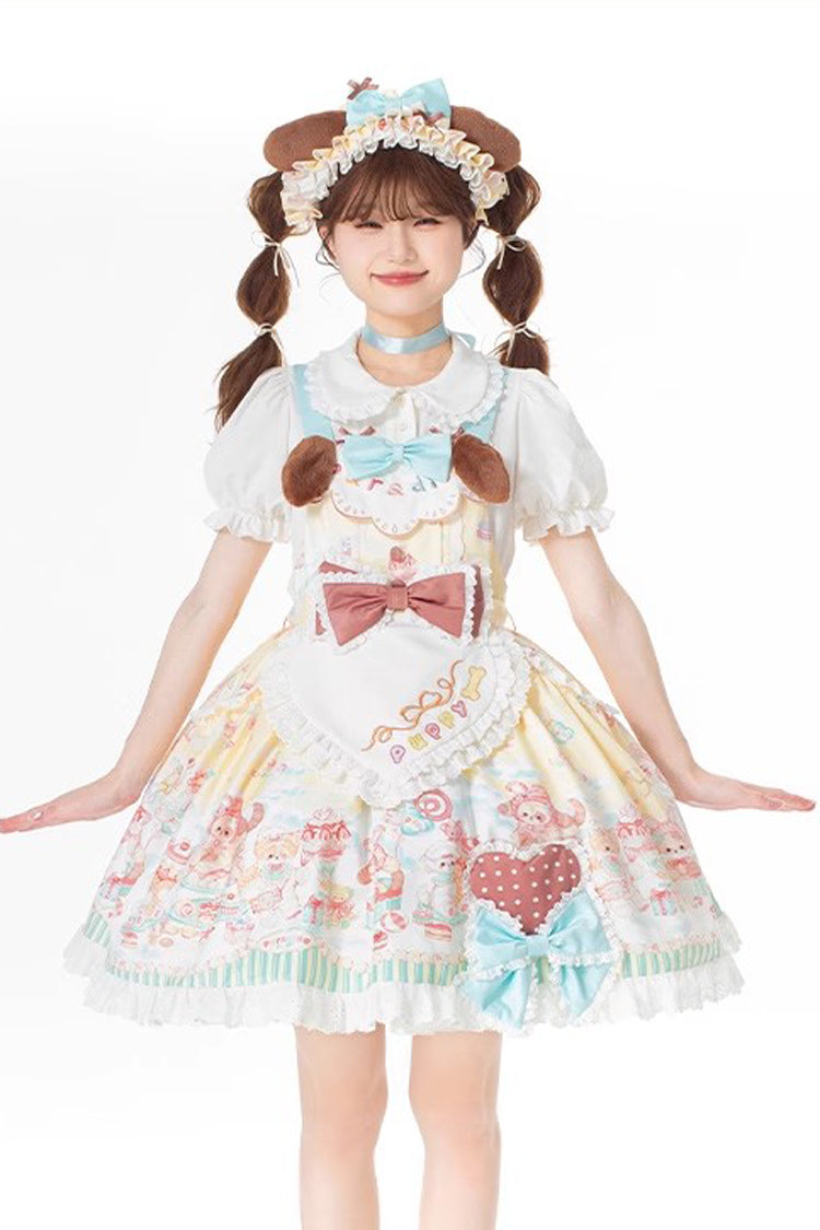 Multi-Color Sweet Pet Paradise Print Ruffle Bowknot Vintage Lolita Strap Dress