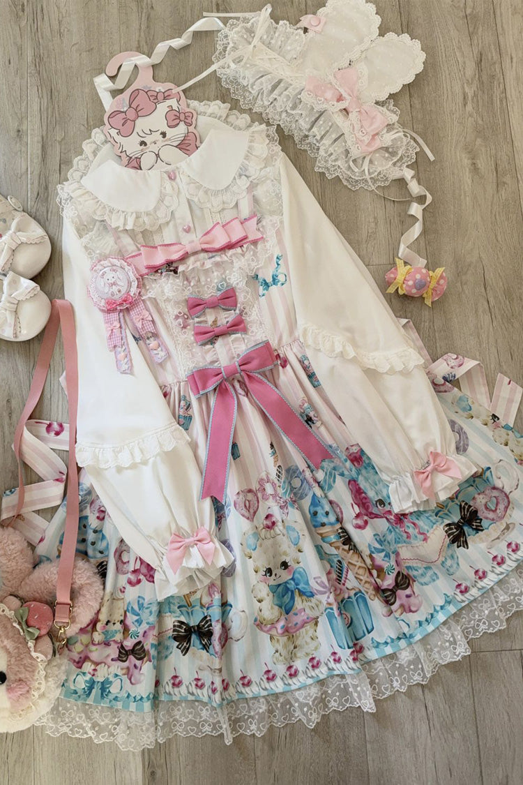 White Floral Whisper Bear Print Ruffle Bowknot Lace Sweet Princess Lolita Jsk Dress