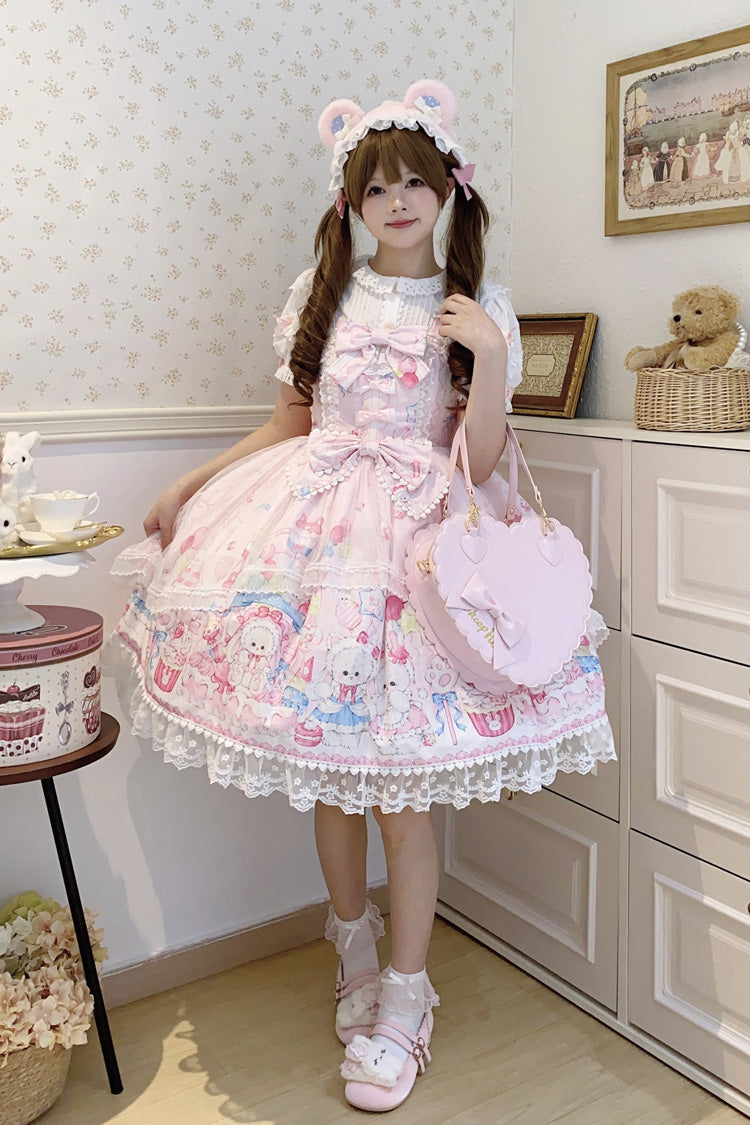 Pink Cute Rabbit Sweet Cake Print Ruffle Bowknot Lace Sweet Lolita Jsk Dress