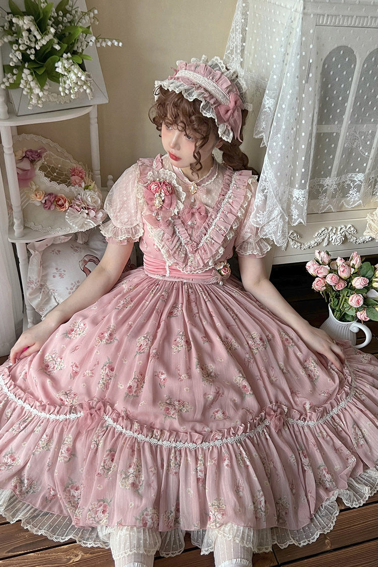 Daydream Rose Short Sleeves Floral Jacquard Print Ruffle Embroidery Bowknot Sweet Lolita Dress 3 Colors