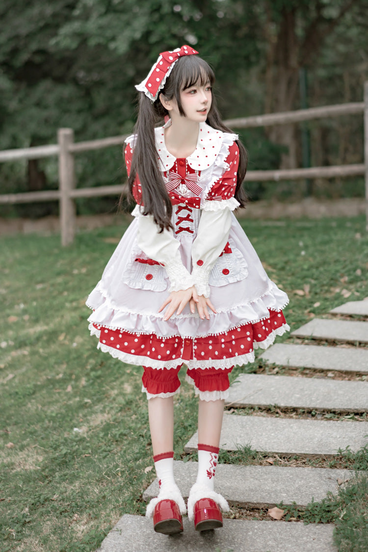 Red/White Doll Collar Short Sleeves Mushroom Princess Print Polka Dots Ruffle Sweet Lolita Dress