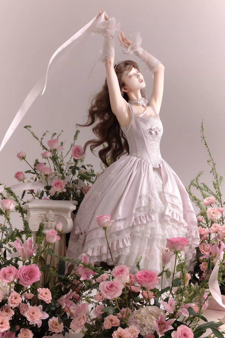Pink Promise of the Rose Multi-Layered Ruffled Hanayome Open-Front Bow Sweet Gorgeous Lolita Jsk Dress Set