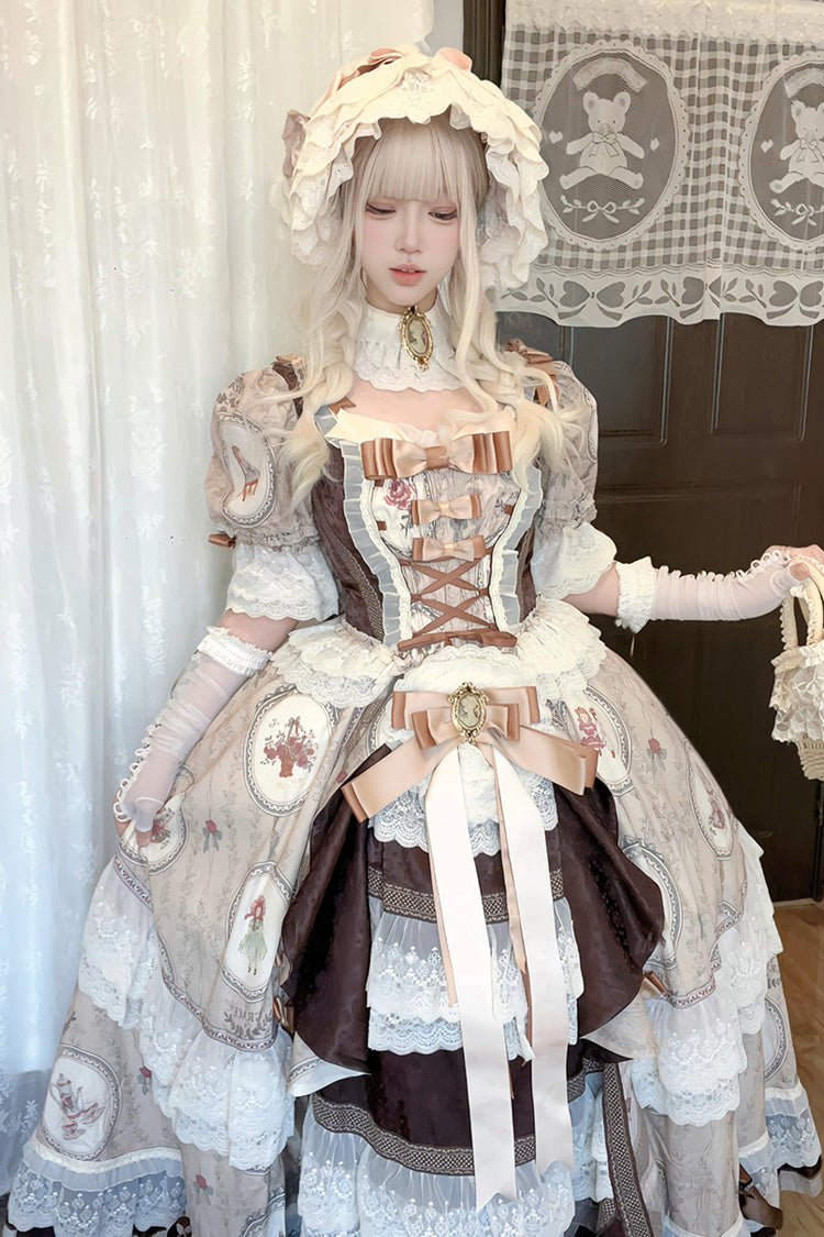 Brown Baker Street Tea Party Short Sleeves High Waisted Print Ruffle Embroidery Cardigan Bowknot Lace-Up Classic Vintage Princess Lolita Dress