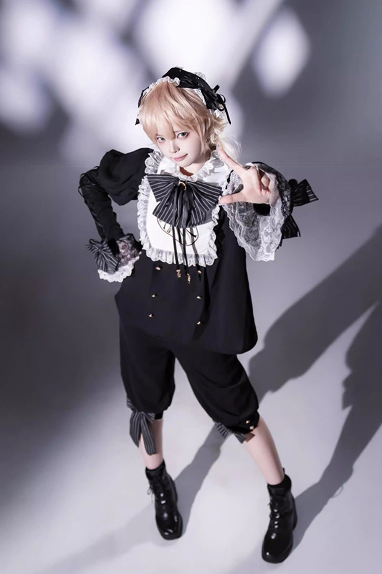 Black/White Rabbit Hole Long Sleeves Bow Gothic Prince Ouji Lolita Set