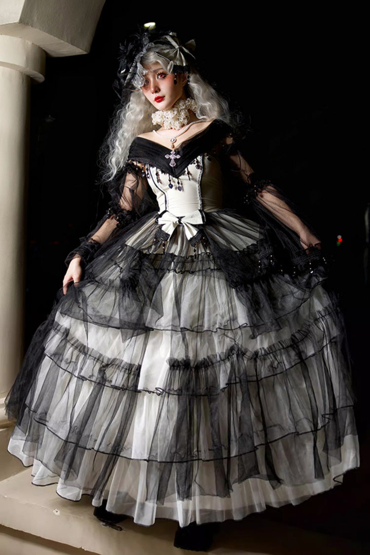 Black/White Ruffle Hanayome Lace Lace-Up Gothic Plus Size Lolita Jsk Dress (Long Version)