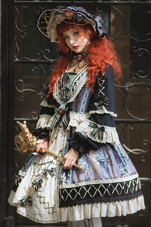 Multi-Color Finches In The Mirror Print Cardigan Long Sleeves Princess Ruffled Classic Lolita OP Dress