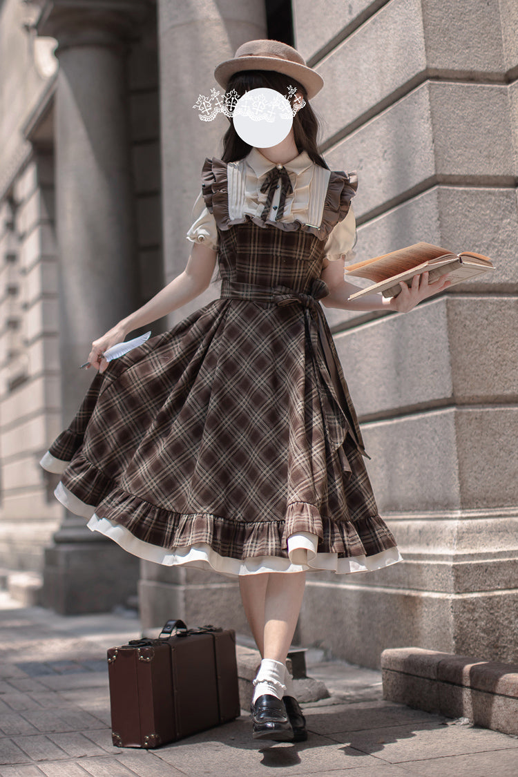 Brown The Thames at Dusk Print Short Sleeves Ruffle Bowknot Fake Two Pieces Vintage Lolita Dress