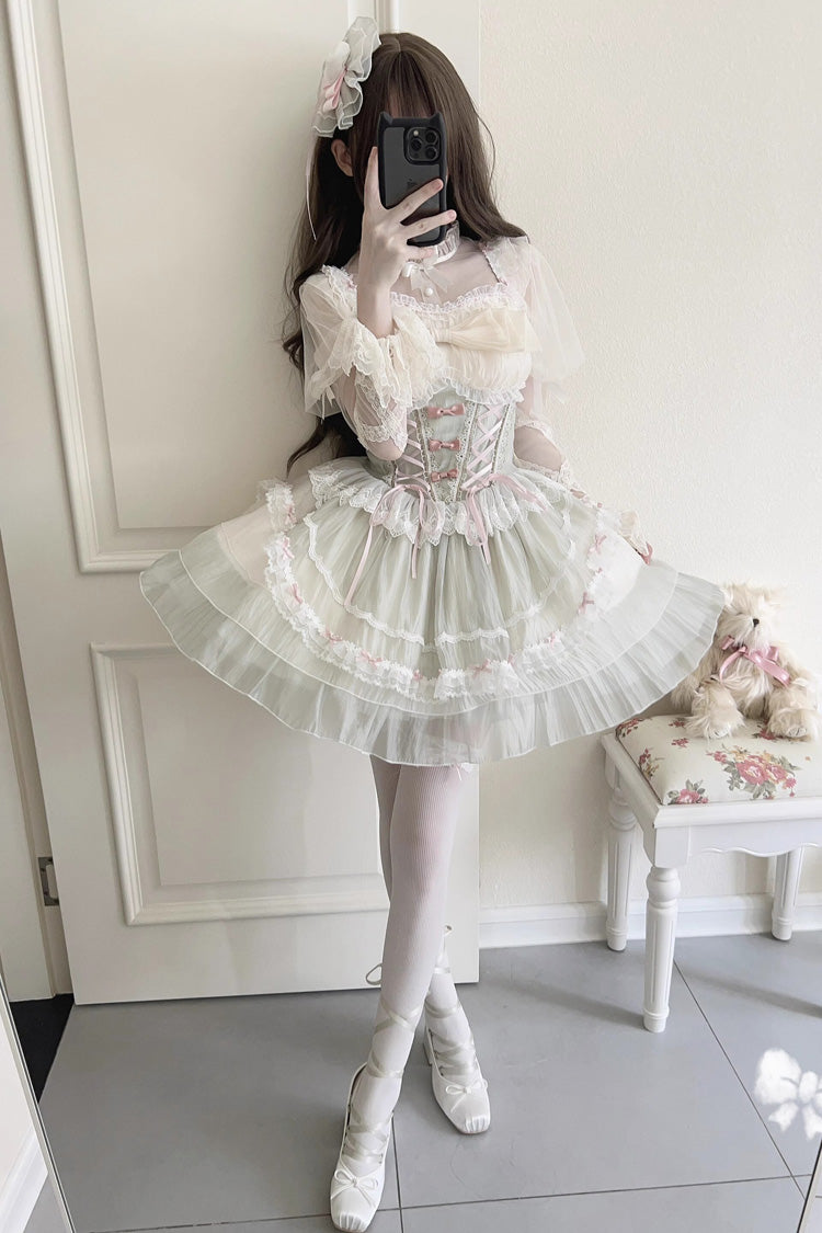 Light Green Camellia Decoration Bowknot Lace-Up Sweet Lolita Jsk Dress