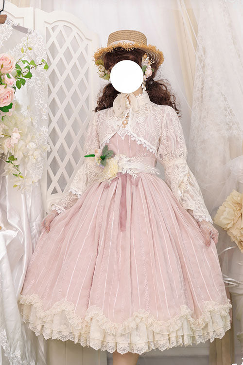 Pink Elegant Vintage Square Collar Short Sleeves Multi-Layer Ruffled Classic Lolita OP Dress