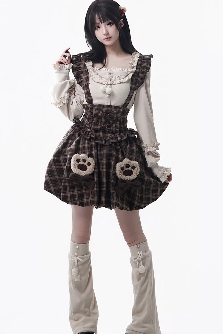 Brown Fluffy Little Bear Plaid Printed Ruffled Bow Sweet Lolita Strap Dress