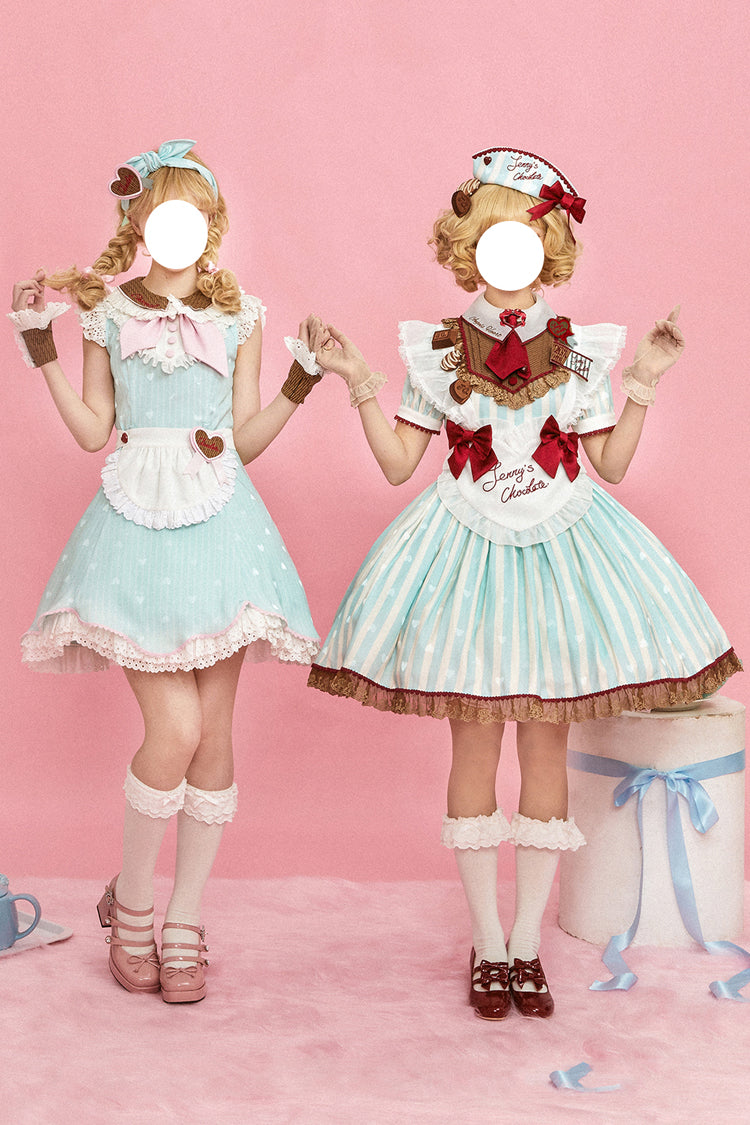Green Jenny's Chocolate Short Sleeves Vertical Stripes Print Ruffle Bowknot Sweet Lolita Dress