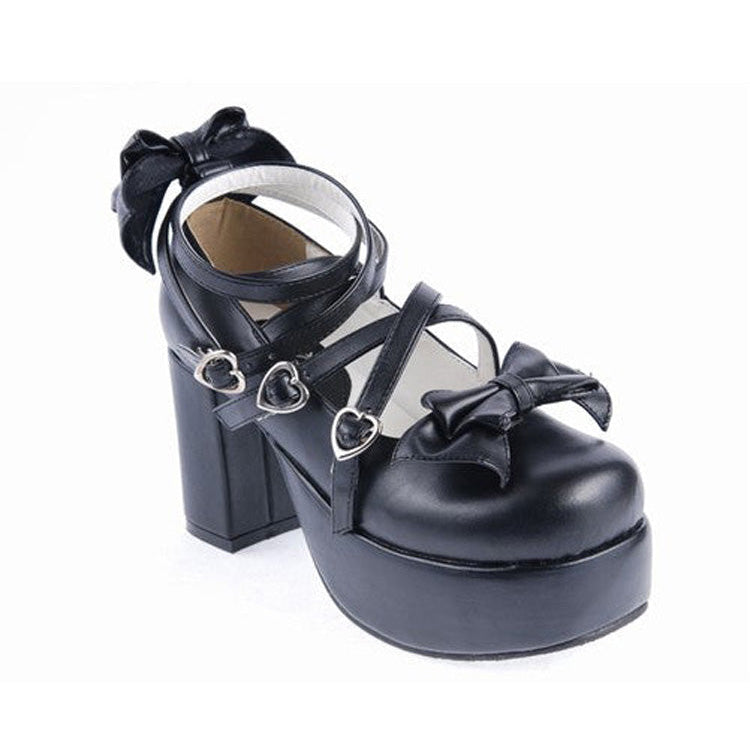 Black Synthetic Leather Cross Straps Bow Lolita Shoes