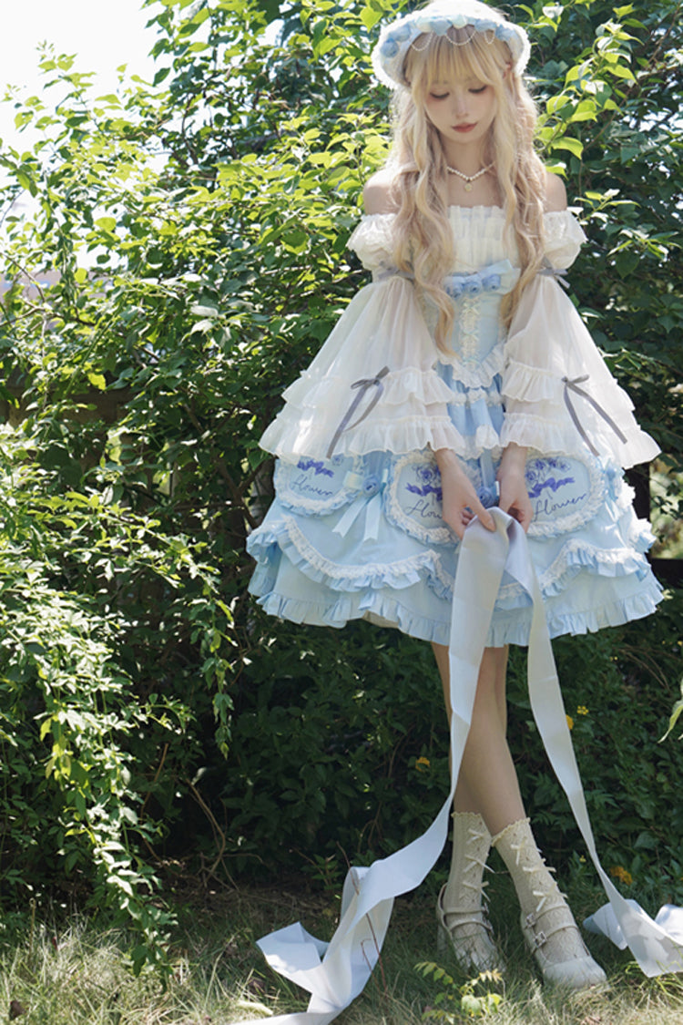 Blue Butterfly Dream Multi-Layered Print Ruffle Bowknot Sweet Princess Lolita Jsk Dress