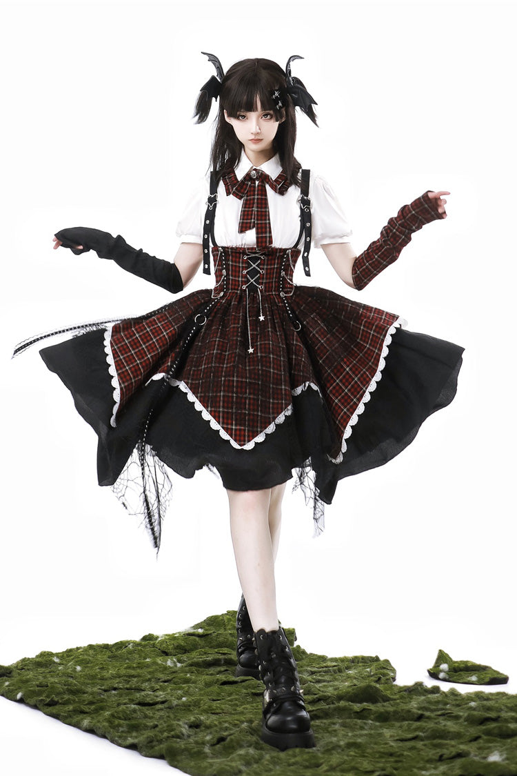 Black/Red Soul Mantra Plaid Print Irregular Sweet Lolita Strap Dress