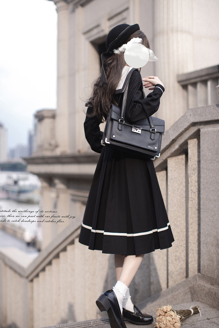 Black Navy Collar Long Sleeves Bowknot Sweet Japanese College Style Elegant Lolita Dress