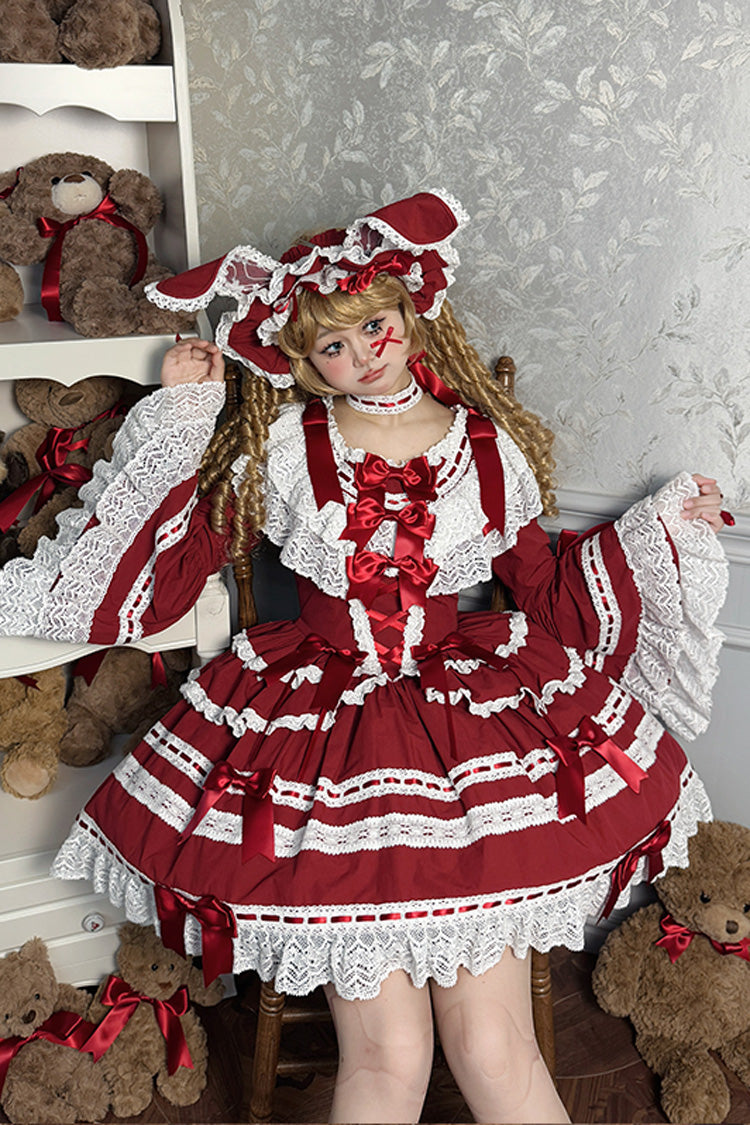 Wine Red Rabbit Sleeping Doll Long Trumpet Sleeves Ruffle Bowknot Lace Sweet Lolita Dress