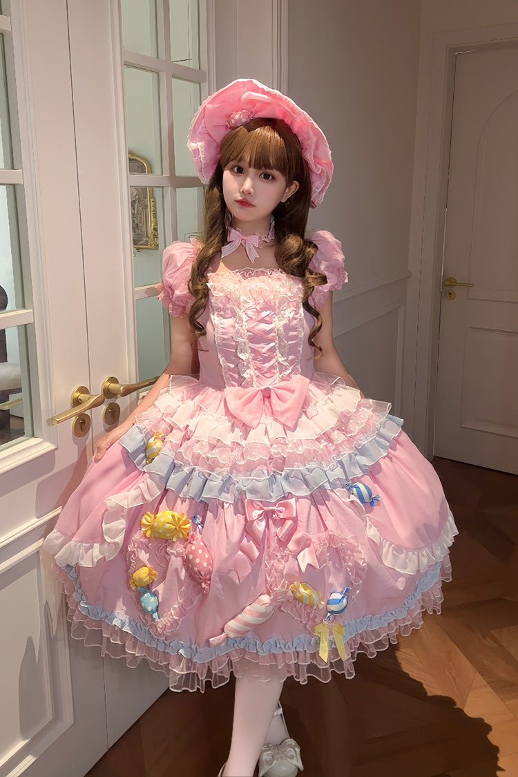 Pink Candy Party Short Sleeves Multi-Layered Ruffled Bow Lace Lace-Up Sweet Lolita Dress