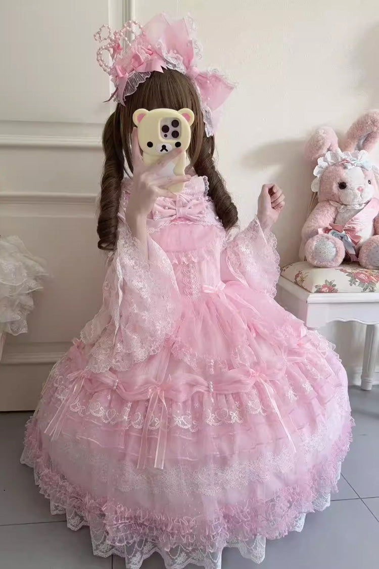Pink Sugar Heart Knot Multi-Layered Ruffled Bow Lace Sweet Lolita Jsk Dress