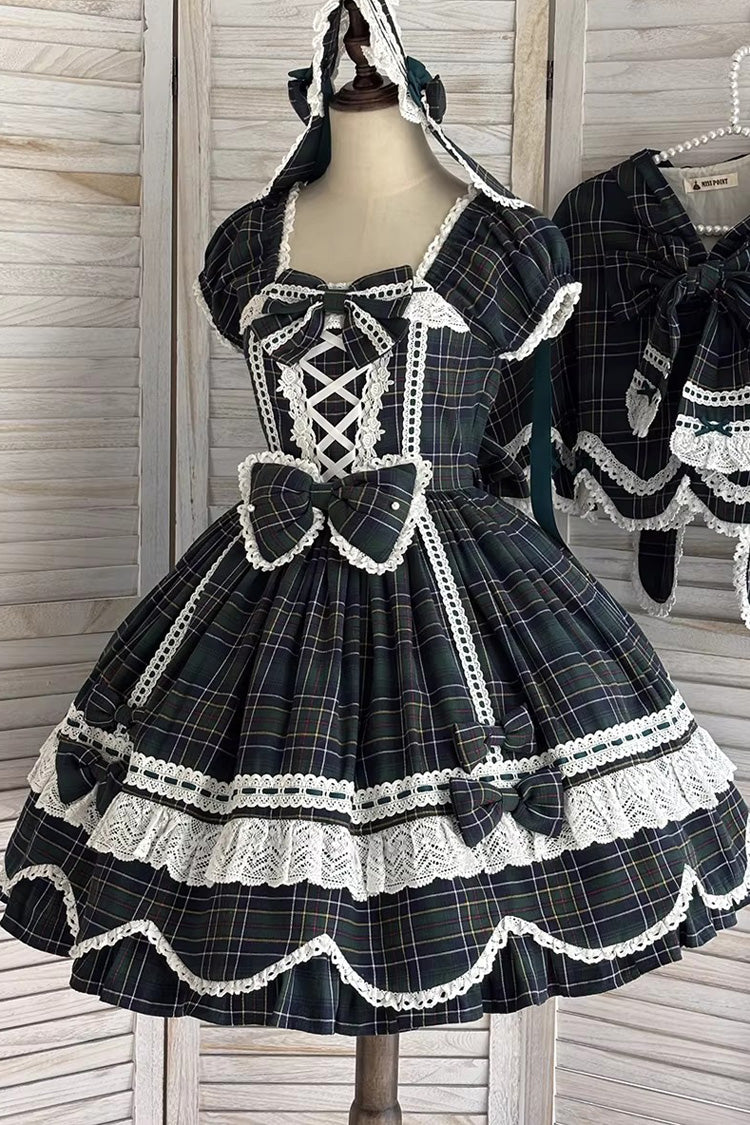 Green Gingham Petal Bunny Short Sleeves Printed Ruffled Bow Sweet Lolita OP Dress