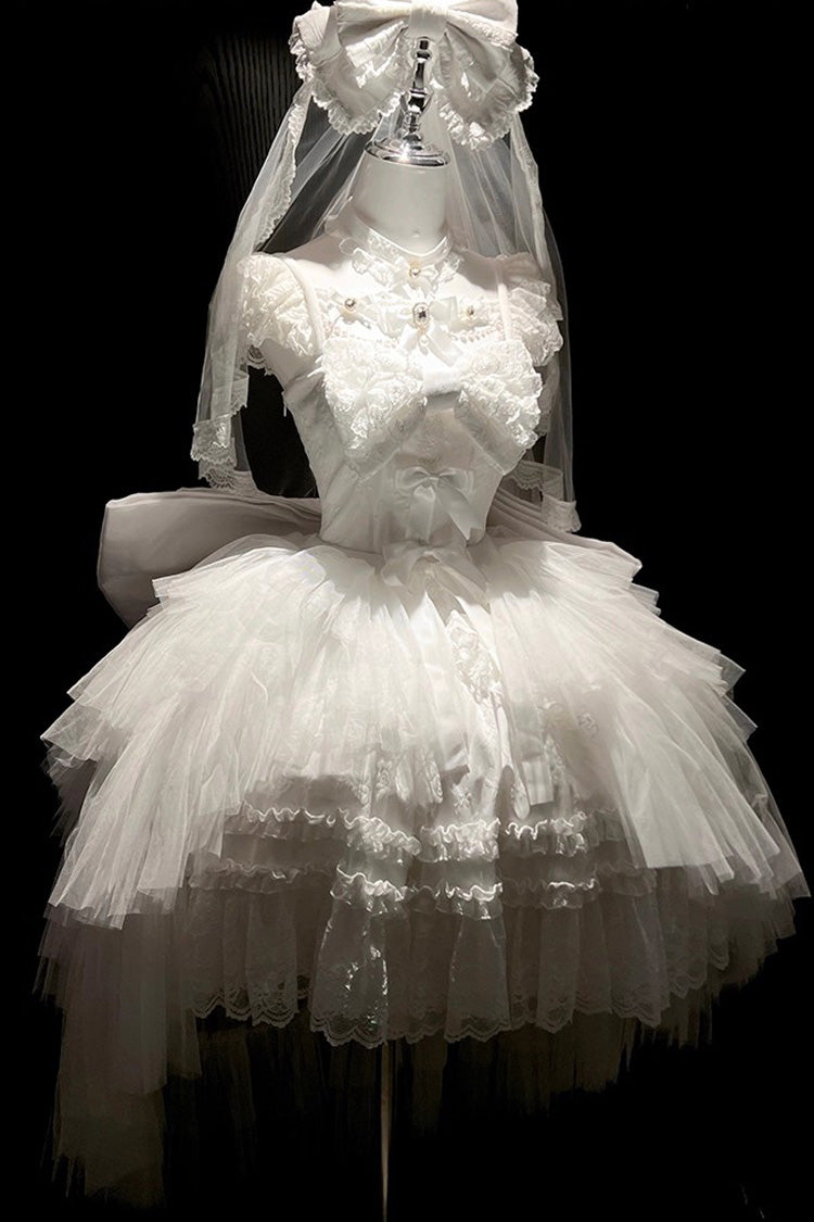 White Jewelry Love Story Halterneck Ruffle Hanayome Bowknot Lace Gothic Lolita Dress