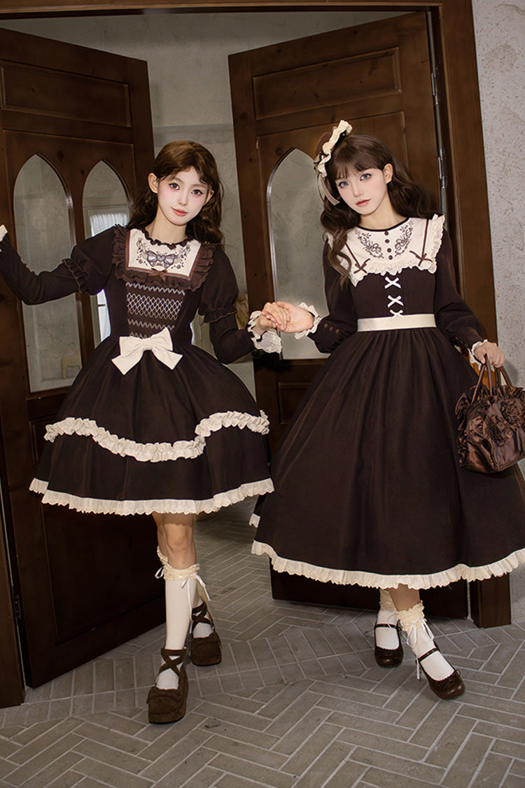 Brown Miss Brown Long Sleeves Double-Layered Ruffle Bouquet Embroidery Bowknot Sweet Lolita Dress (Short Version)
