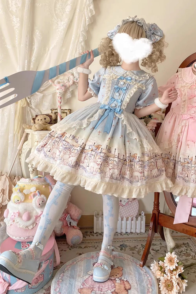 Blue Angel Lamb Lapel Collar Short Sleeves Printed Ruffled Bow Sweet Lolita Dress
