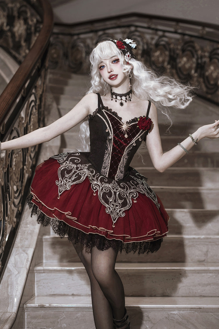 Black/Red Blood Clan Feast Ruffle Embroidery Lace Gothic Lolita Jsk Dress Set