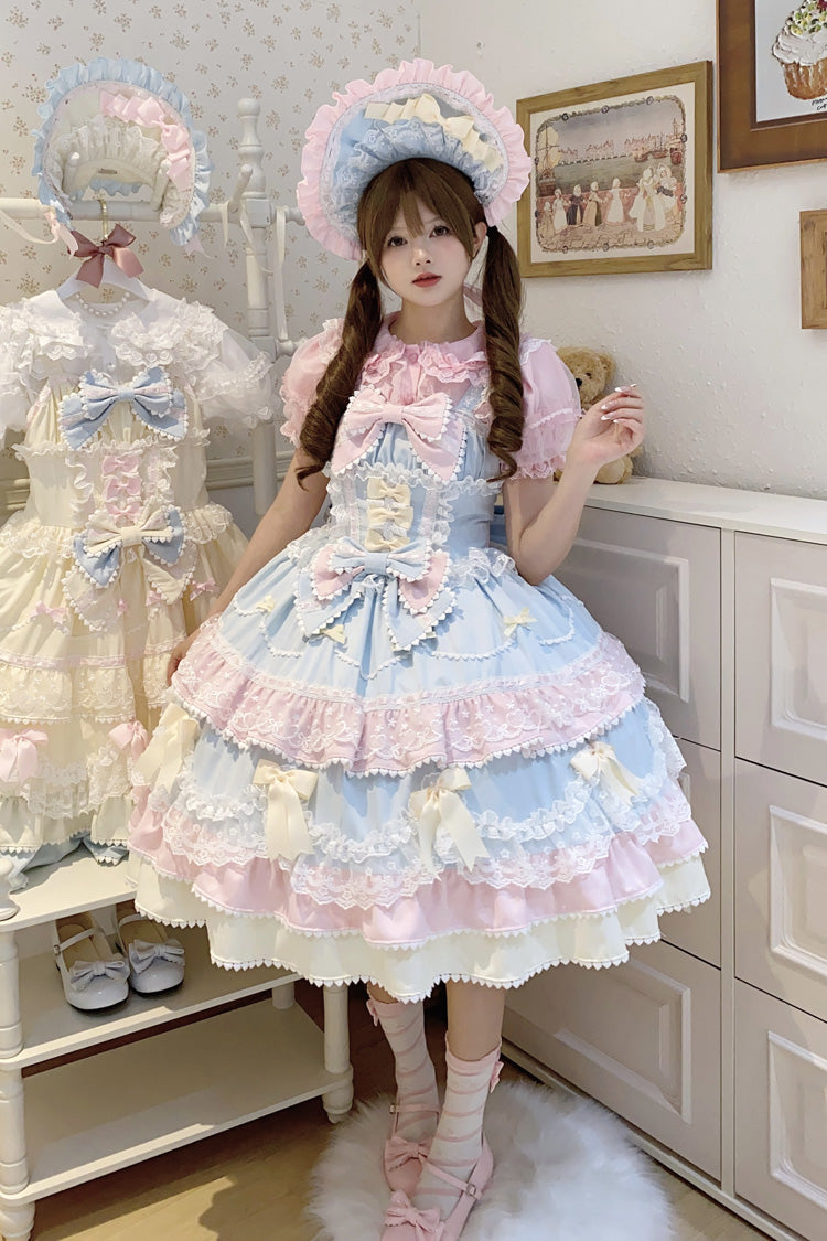 Blue/Pink Fondant Cake Sleeveless Multi-Layered Ruffle Bowknot Lace Sweet Lolita Jsk Dress