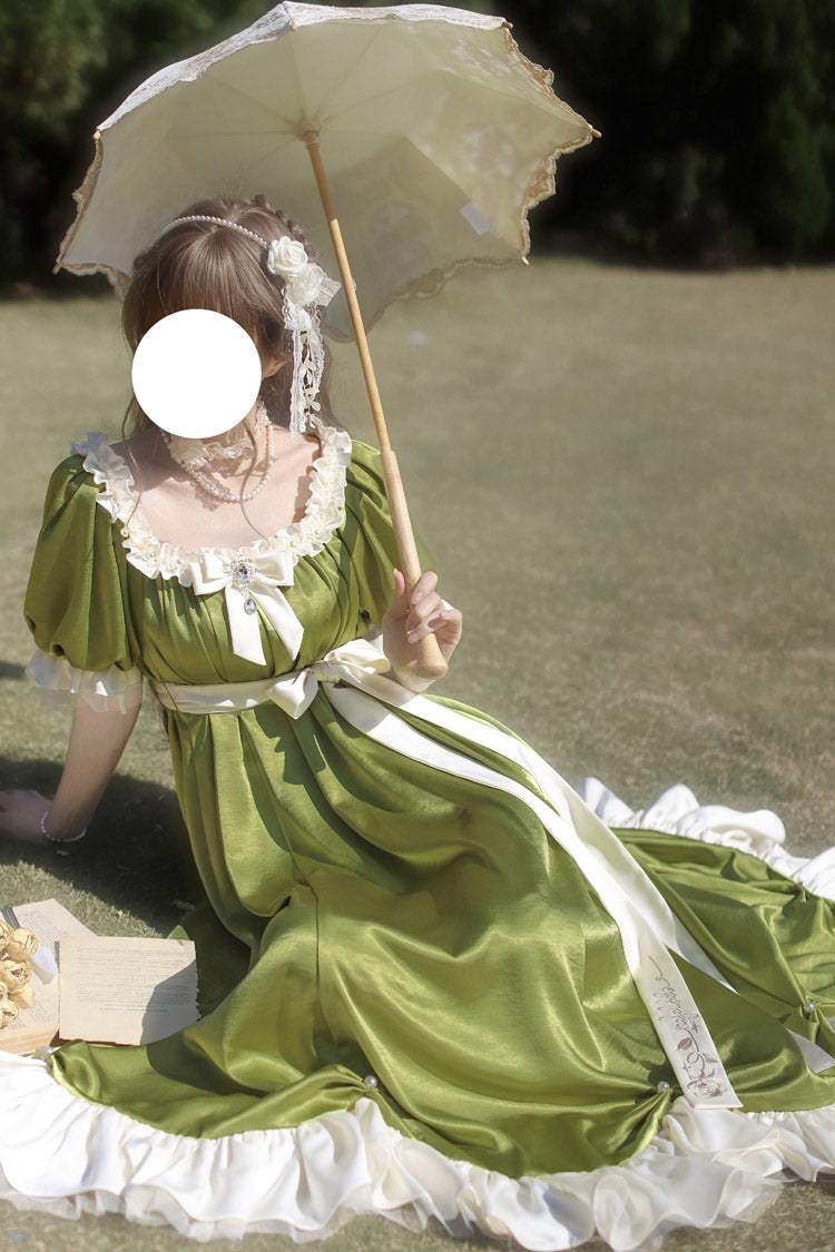 Green Square Collar Short Sleeves Ruffle Bowknot Sweet Regency-Style Vintage Lolita Dress