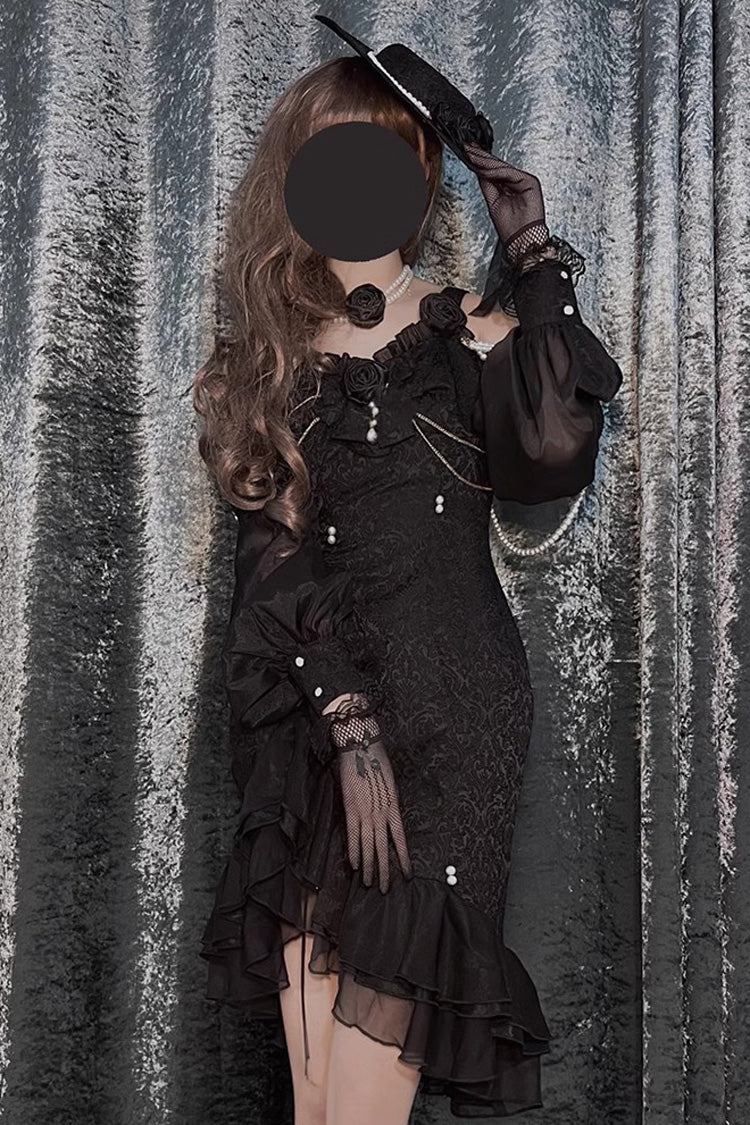 Black Camellia 2.0 Sleeveless Jacquard Ruffle Lace Asymmetric Gothic Chinese Style Fishtail Lolita Jsk Dress